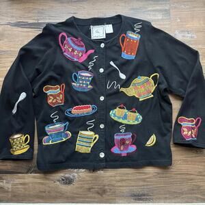 Michael Simon New York 90s vintage embroidered tea pot Party Snacks Cardigan M